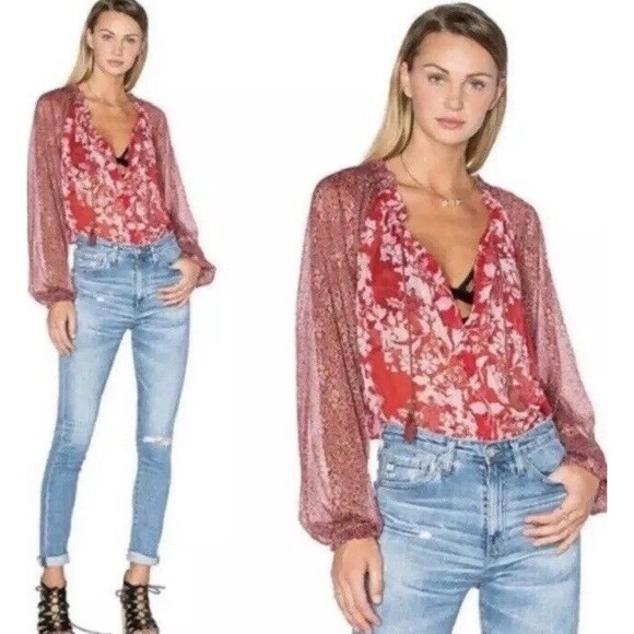 Free People Blouse Red Hendrix In A Haze Floral Boho Oversized Sheer XS - Picture 1 of 14